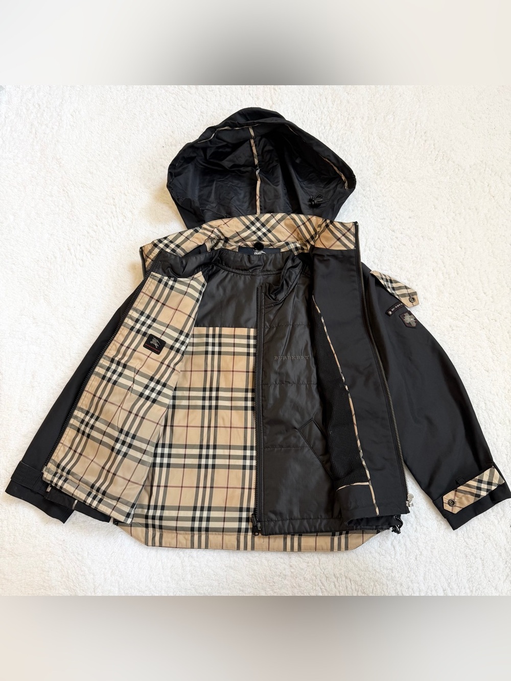Burberry 3 in 1 jacket puffer vest mesh hooded nova check black kids size 7 boys